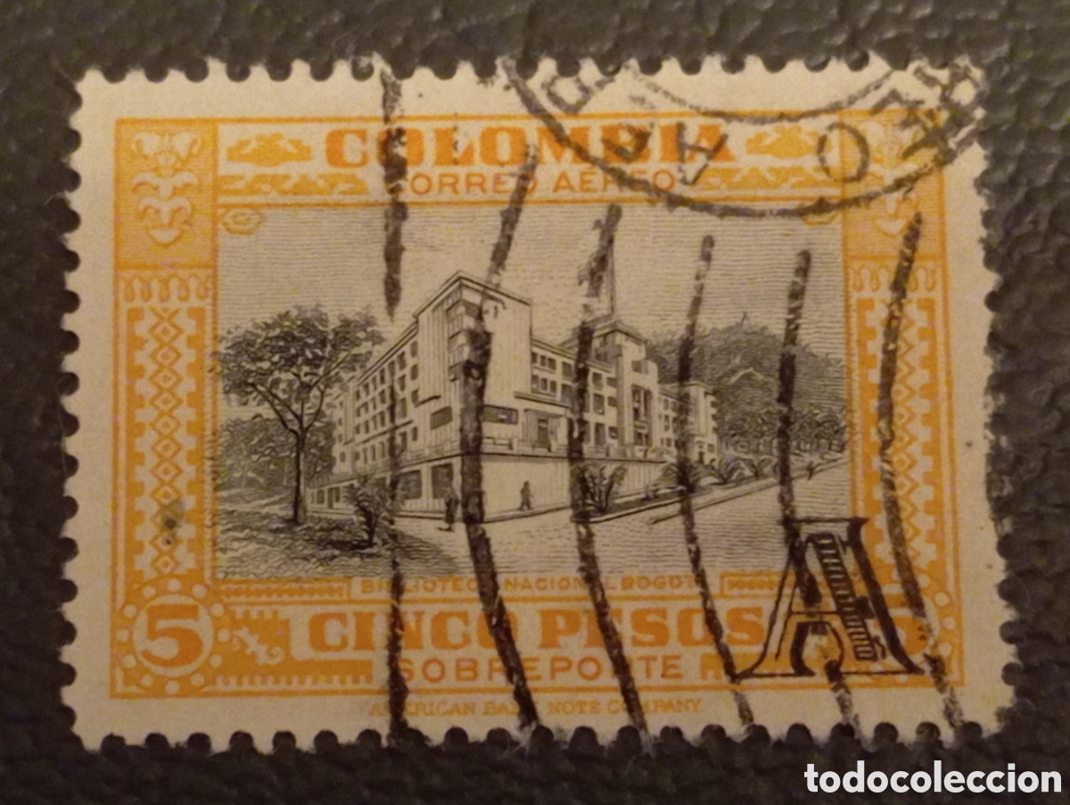 Sellos: Sello Colombia Correo A&eacute;reo 1951 - Biblioteca Nacional 5 Pesos (Resello &rdquo;A&rdquo;) - Scott #C214 / Yvert #