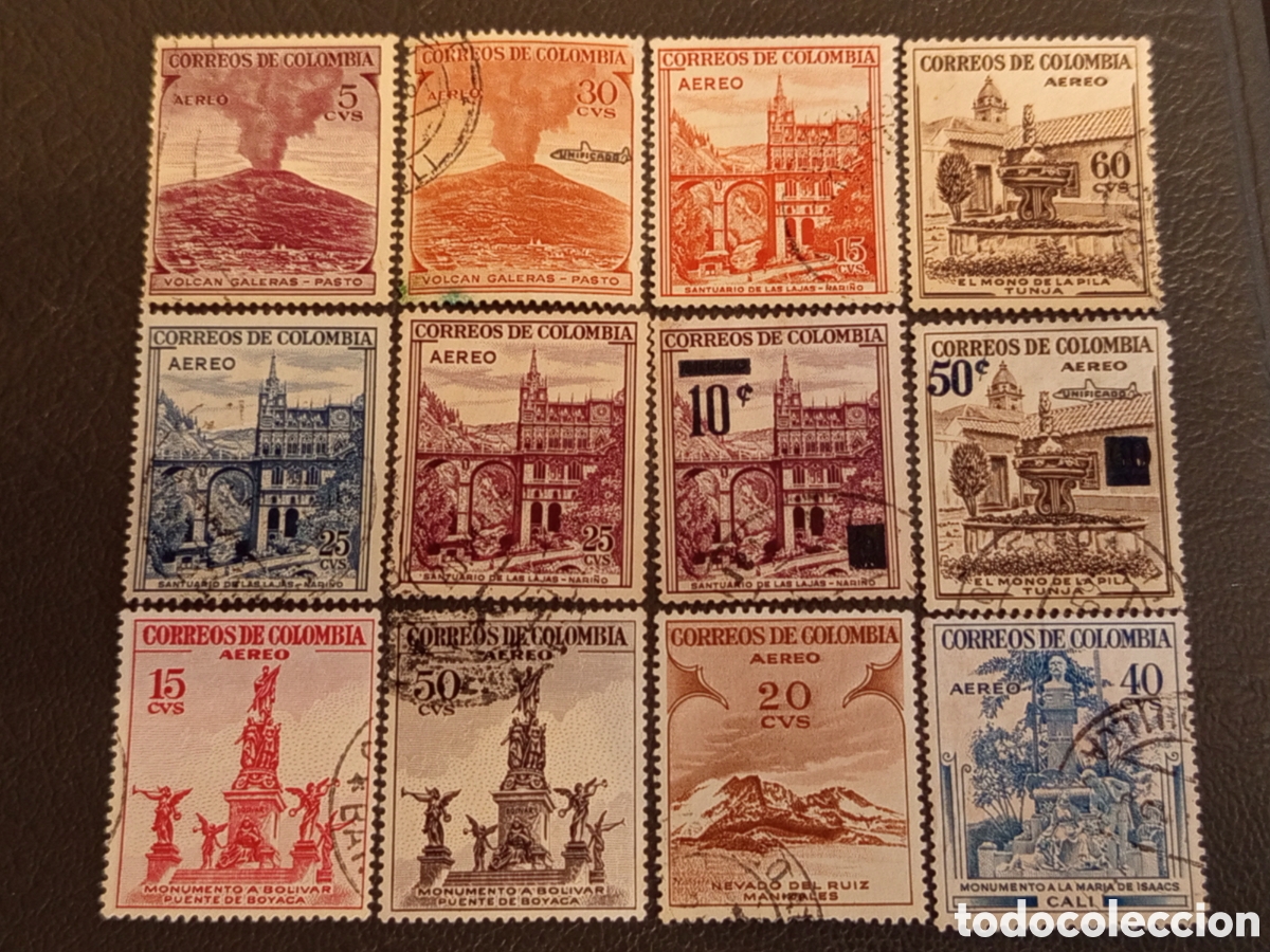 Sellos: Lote 12 Sellos Colombia 1954 Correo A&eacute;reo Turismo Cat Scott C239/C248 Usados