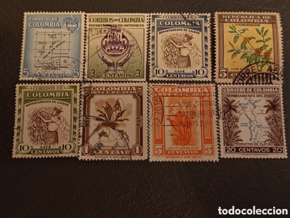 Sellos: Lote 8 Sellos Colombia 1947-1950 Usados - Deptos, Caf&eacute; y UPU (Michel 525, 529, 532, 539, 545, 547)