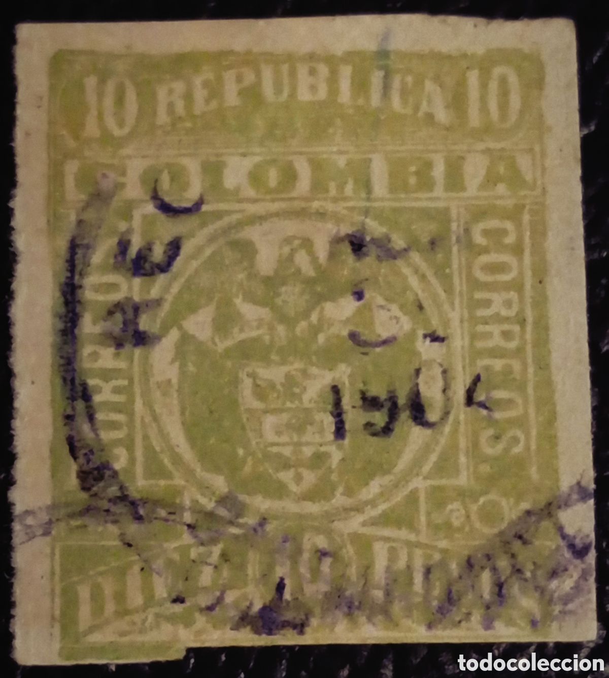 Sellos: Sello Colombia 1903 Escudo De Armas 10 Pesos Verde Oliva Scott 169B Usado