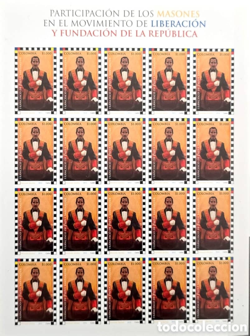 Sellos: CA)Colombia &middot; 2020 &middot; Freemasons in Liberation Movement &middot; Commemorative sheet issued by Colombia high