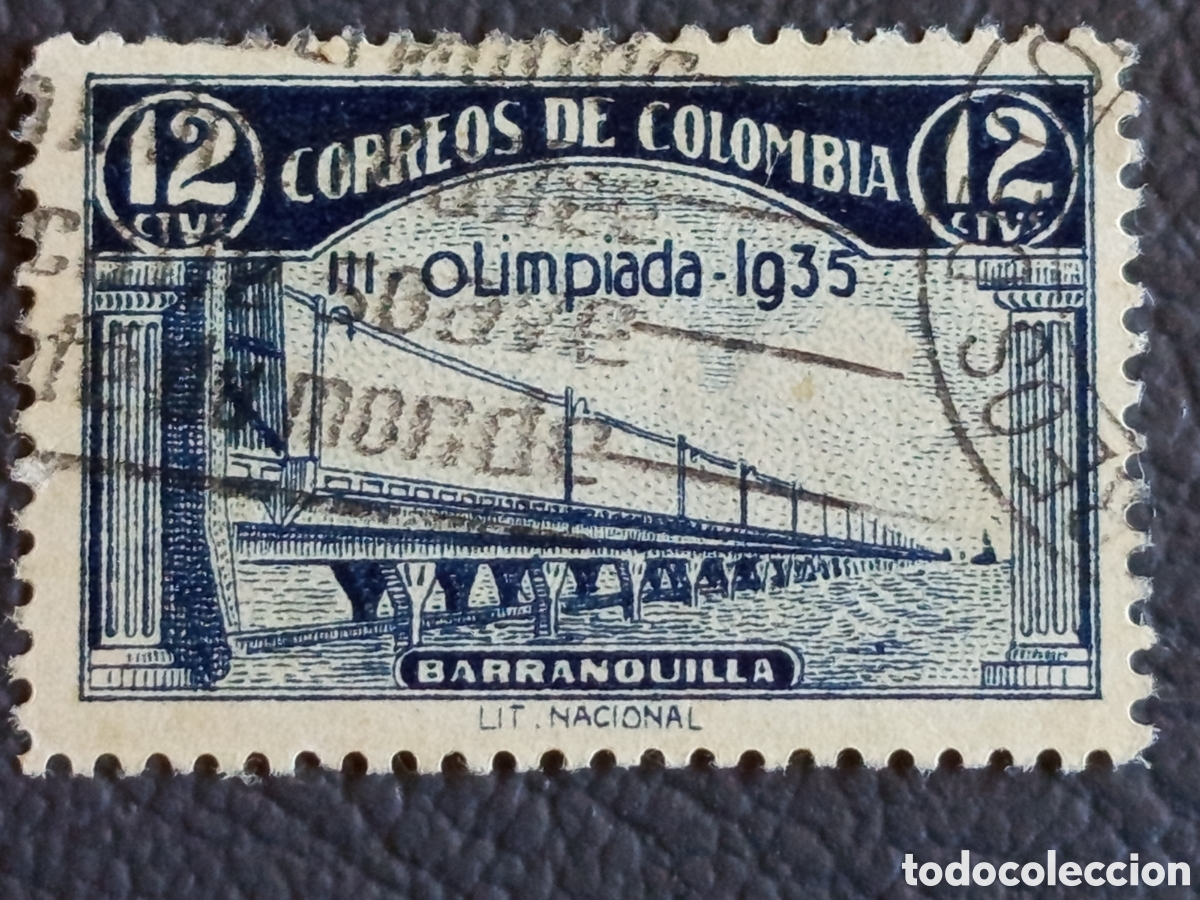 Sellos: Colombia 1935 III Olimpiada Barranquilla Puente 12 Centavos Azul Usado Scott 410