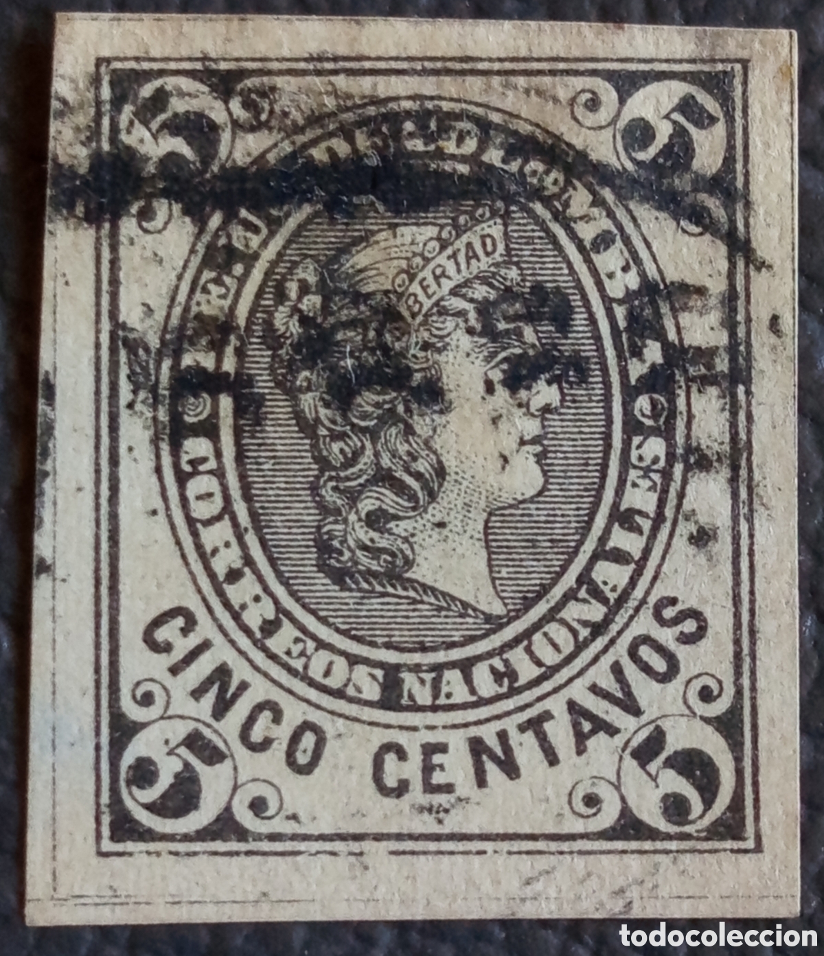 Sellos: Colombia 1865 Libertad Correos Nacionales 5 Centavos Negro Imperforado Usado Scott 36