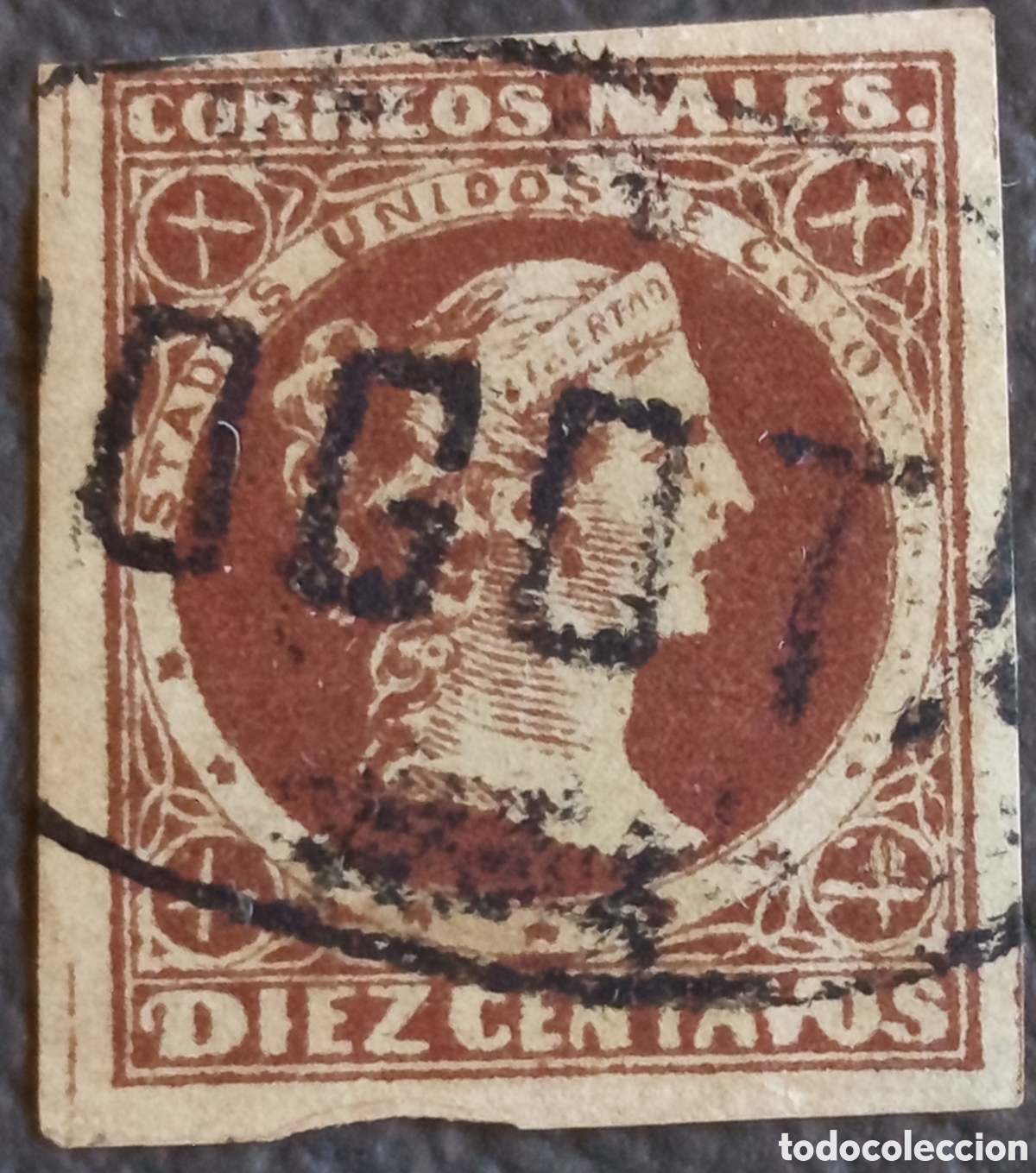 Sellos: Colombia 1870 Libertad Correos Nacionales 10 Centavos Marr&oacute;n Imperforado Usado Scott 53