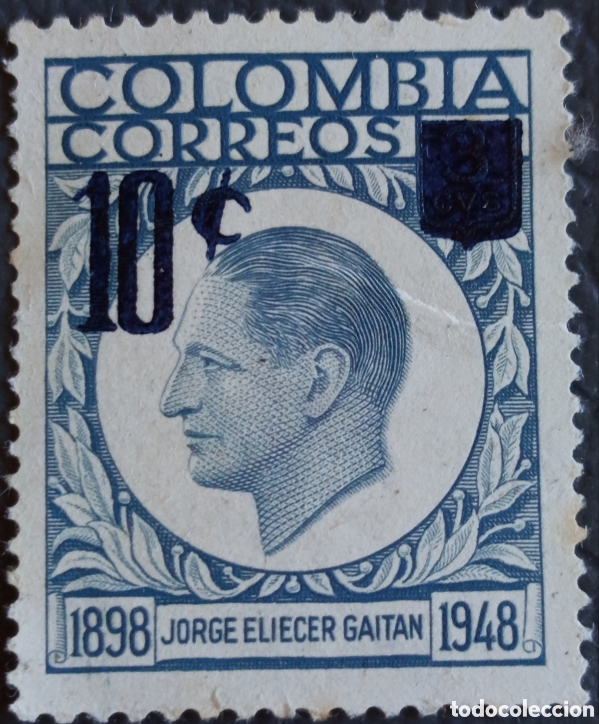 Sellos: Colombia 1948 10c Azul Jorge Eli&eacute;cer Gait&aacute;n Sobrecarga Scott 566 Mi 573 MH
