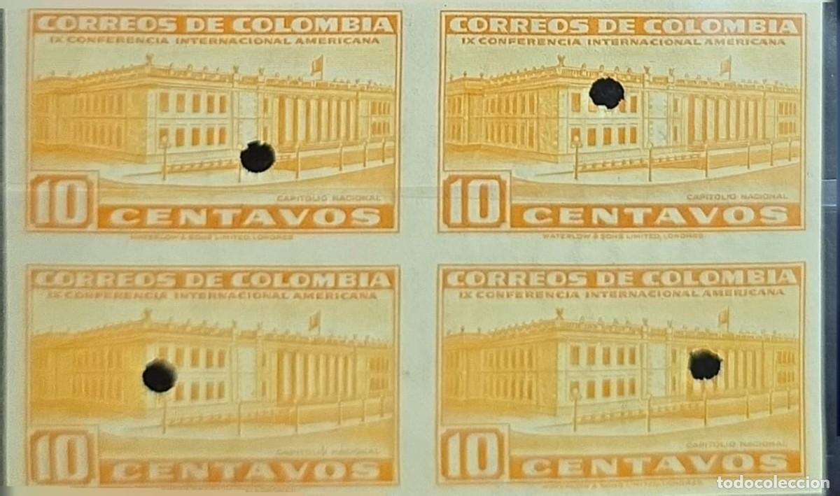Sellos: O) 1948 COLOMBIA, PROOF, PUNCH, WATERLOW AND SONS NATIONAL CAPITOL SCT 558 10c orange, BLOCK MNH