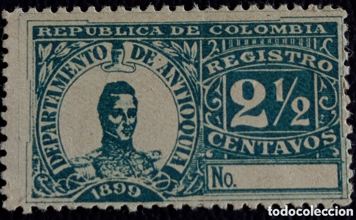Sellos: Colombia Antioquia 1899 Sello Registro 2&frac12; centavos verde Scott F4 MNH