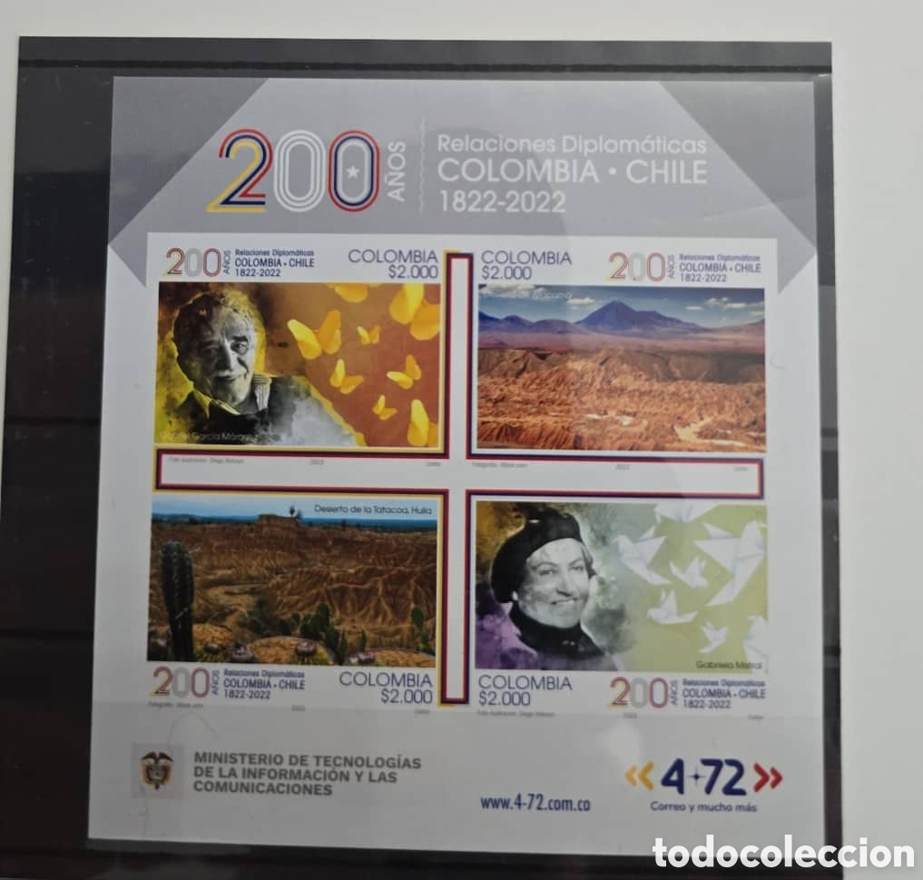 Sellos: CA)Colombie Issue: Amalgame Camboya & Chile Value: $ 2.000 Souvenir Sheet of 4 Stamps Proof Card 12
