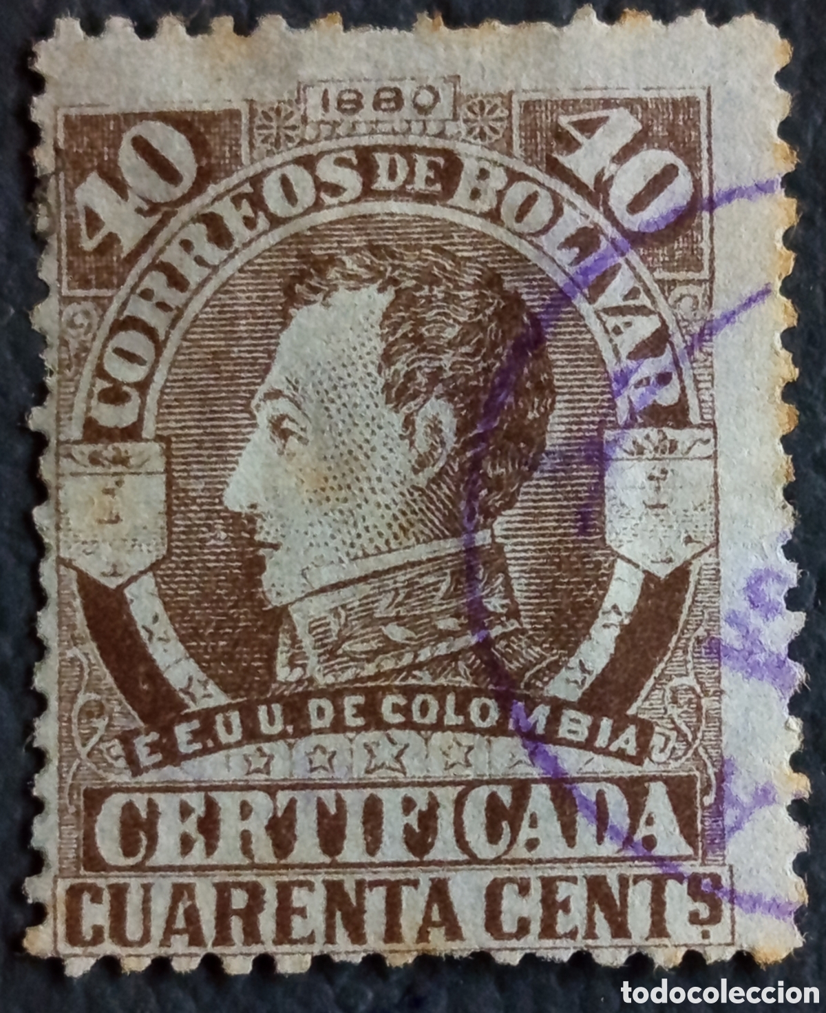 Briefmarken: Colombia Bol&iacute;var 1880 40c Certificada Sim&oacute;n Bol&iacute;var Usado Estado Soberano