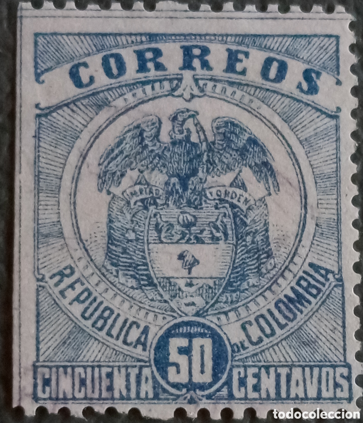 Sellos: Colombia 1888 &mdash; &rdquo;Correos de la Rep&uacute;blica de Colombia&rdquo;, escudo de armas con c&oacute;ndor, 50 centavos azul