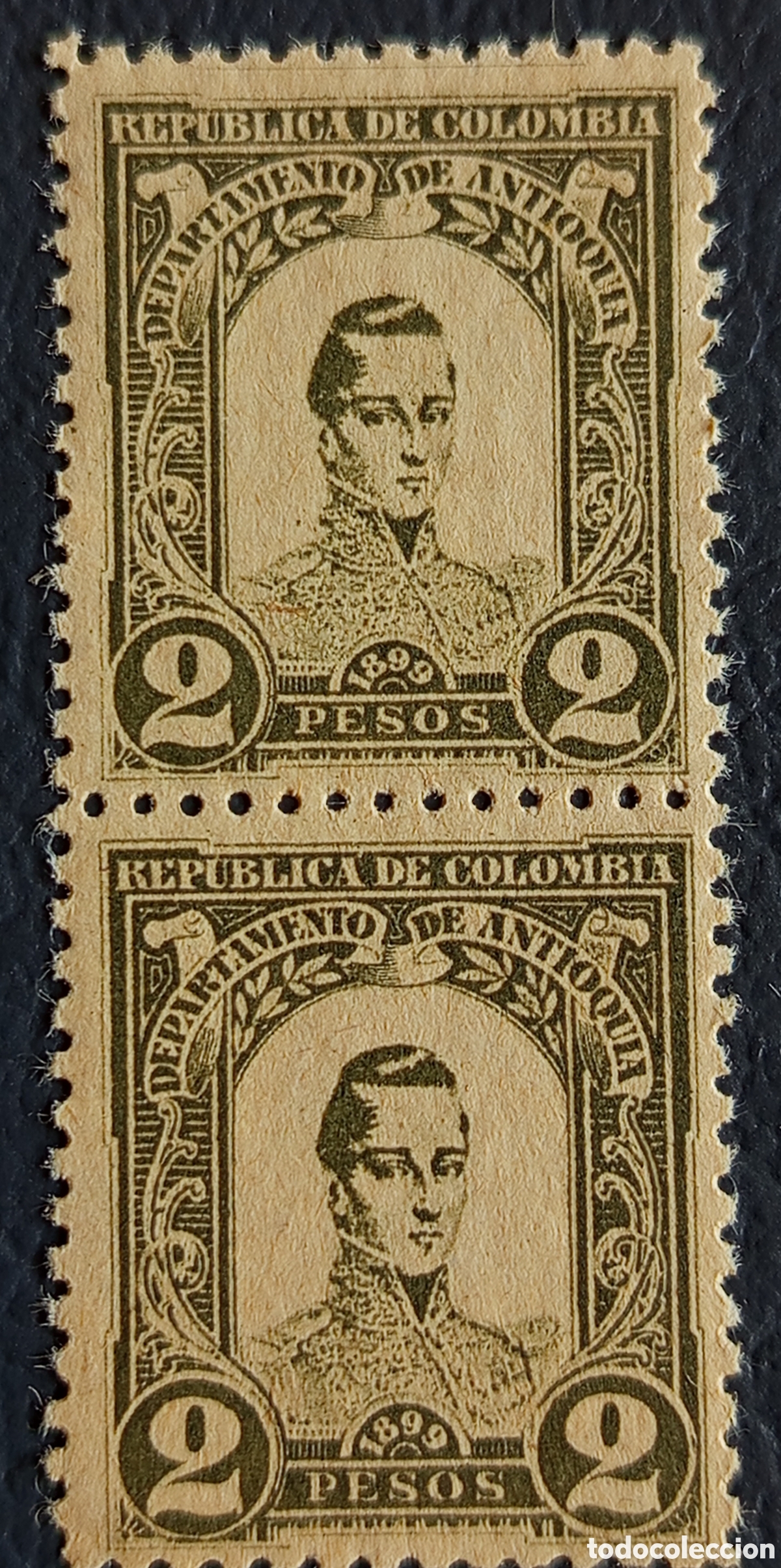 Briefmarken: Sello Colombia Antioquia 1899 Francisco de Paula Santander 2p Pareja Cat#114 MNH