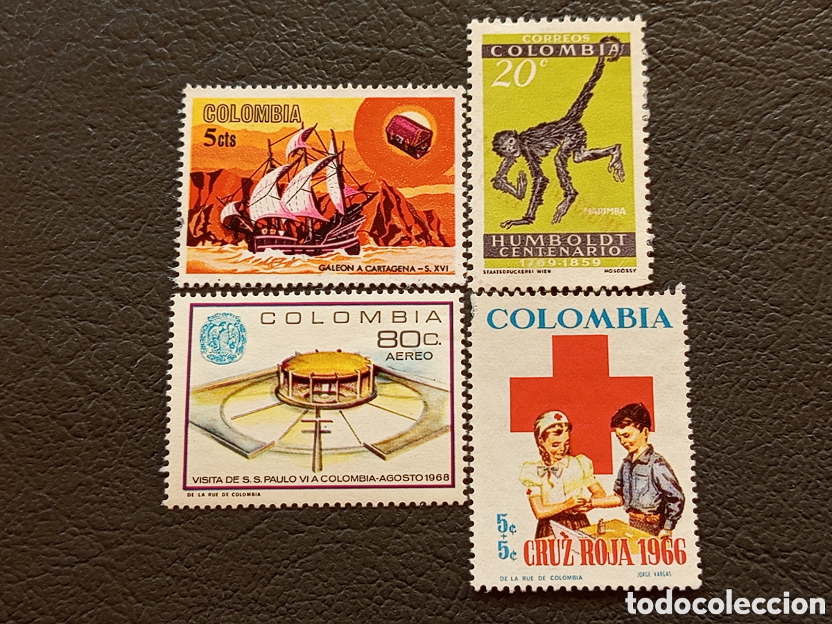 Sellos: Lote 4 Sellos Colombia Gale&oacute;n Humboldt Pablo VI Cruz Roja MH