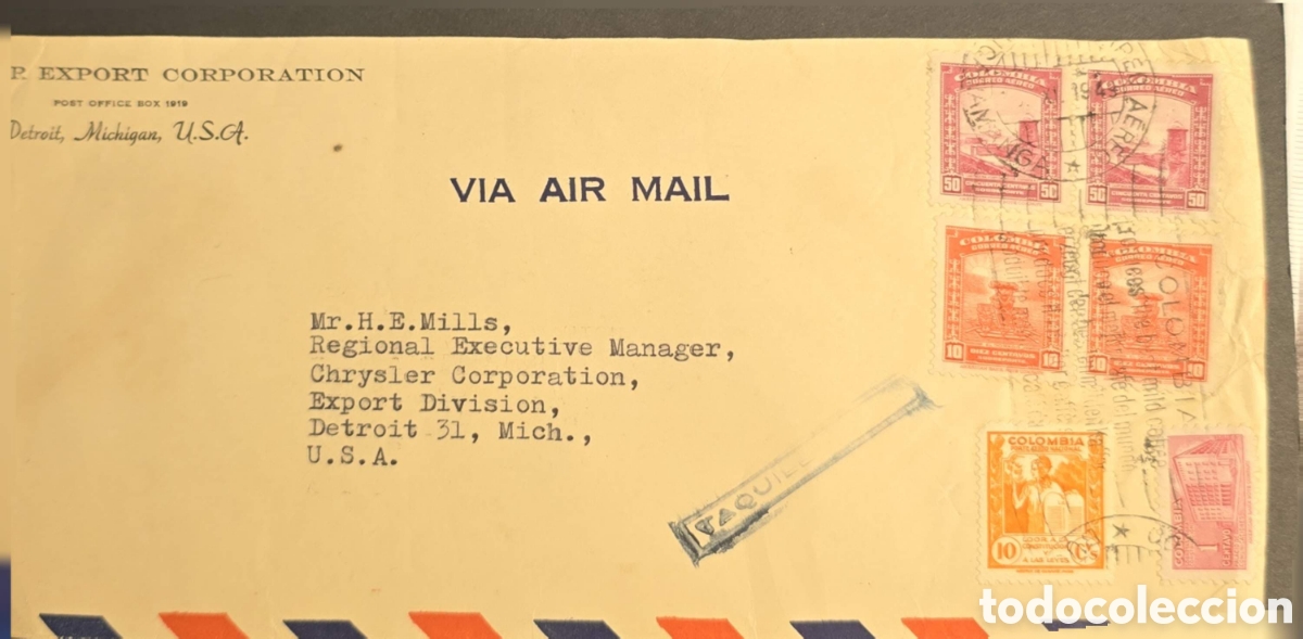 Sellos: CA)Colombia + 1968 + Business Airmail + International envelope sent from Colombia to Chrysler Corpor