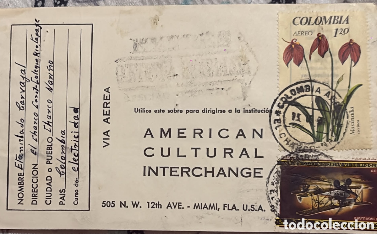 Sellos: CA)Colombia + 1970s + Airmail & Education + Envelope from El Charco, Nari&ntilde;o to Miami with 1.20 flowe
