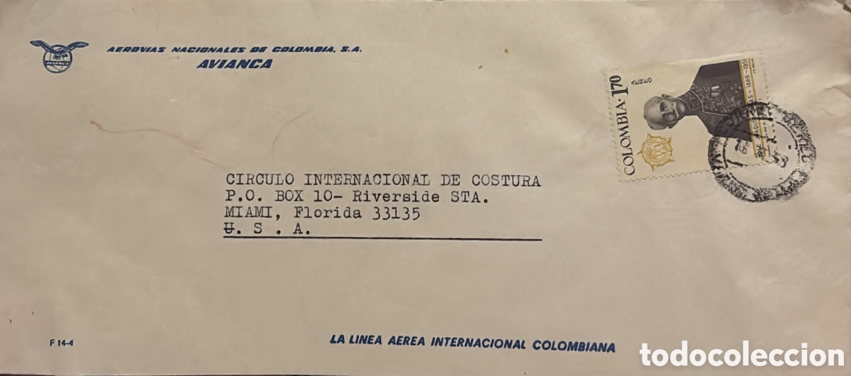 Sellos: CA)Colombia + 1970s + Airmail & Aviation + Envelope from Avianca to Miami with 1.70 stamp featuring