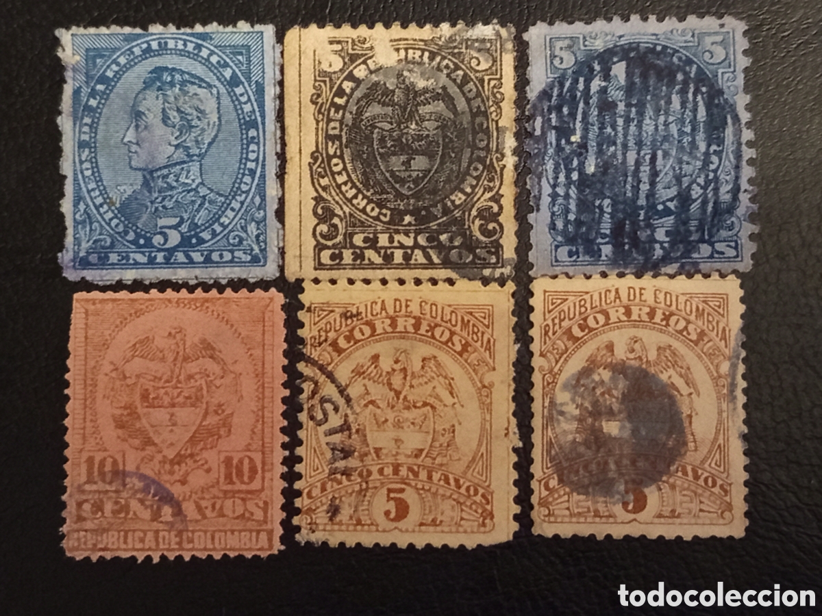 Sellos: Lote 6 Sellos Colombia Cl&aacute;sicos 1886-1892 Bol&iacute;var y Escudo - Scott #122-140 Usados