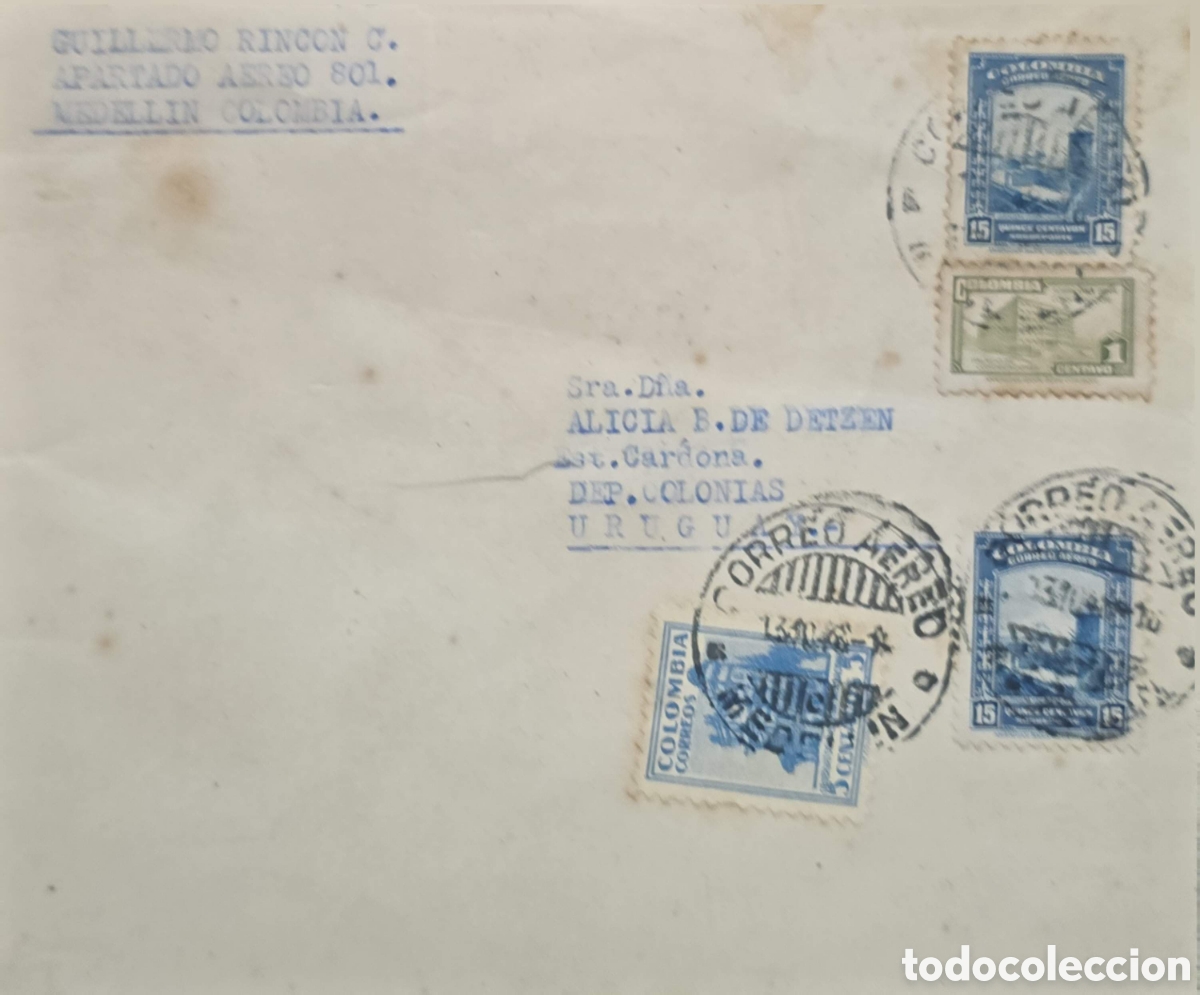 Sellos: CA)Colombia + 1950s (approx.) + Airmail + Envelope from Medell&iacute;n with three Colombian stamps (two bl