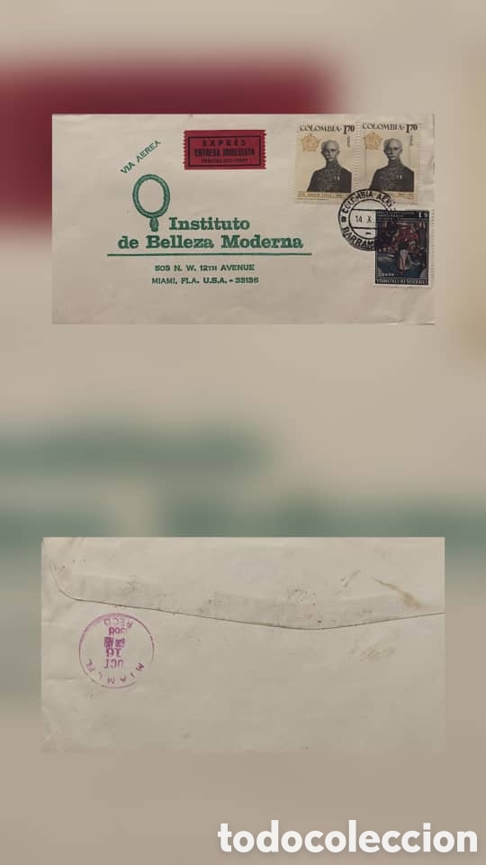Sellos: CA)Colombia + 1960s + Registered Airmail + Envelope from Barranquilla with three Colombian stamps (t