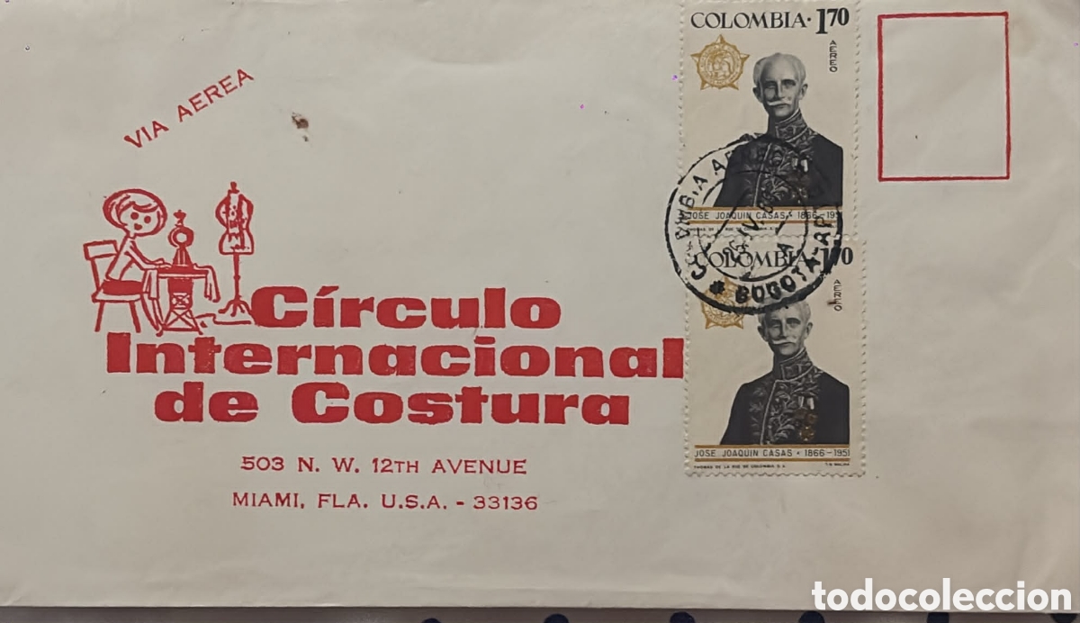 Sellos: CA)Colombia + 1970s + Sewing Institute Airmail + Envelope from Bogot&aacute; with two 170 peso stamps featu