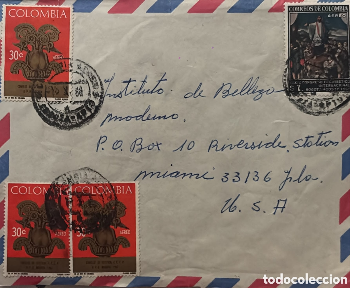Sellos: CA)Colombia + 1968 + Eucharistic Congress Airmail + Envelope with three 30&cent; red pre‑Columbian figure