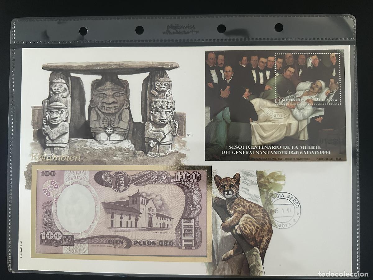 Sellos: Colombia sobre numism&aacute;tico Philswiss 100 Pesos bloque Santander 1990