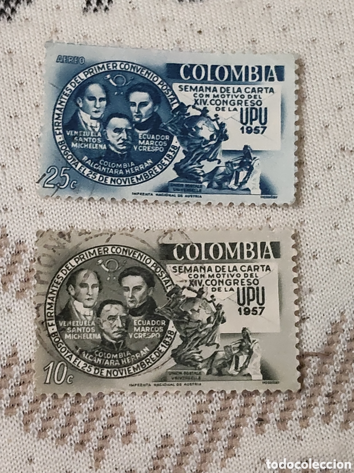Sellos: 2Sellos de Colombia XlV Congreso Uni&oacute;n Postal Universal fotos de los firmantes 1957