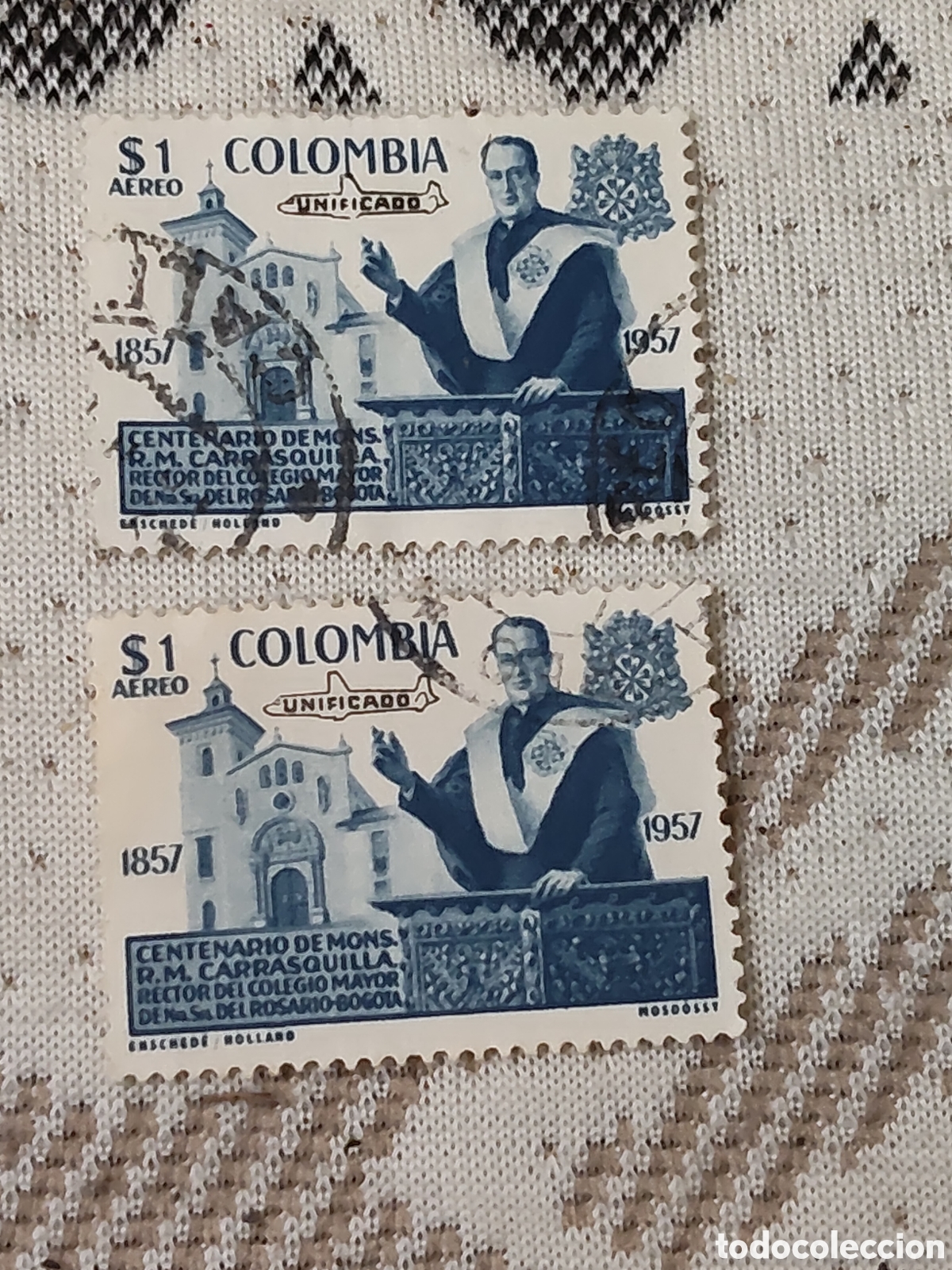 Sellos: Bloque de 2 sellos de Colombia Centenario nacimiento monse&ntilde;or Carrasquilla 1959
