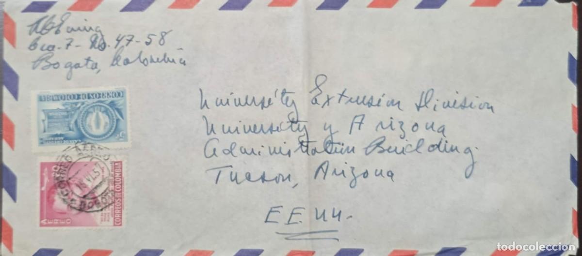 Sellos: MI) 1950, COLOMBIA, FROM BOGOT&Aacute; TO TUCSON, ARIZONA; AIRMAIL COVER BEARING TWO &rdquo;CORREOS COLOMBIA-A&Eacute;RE