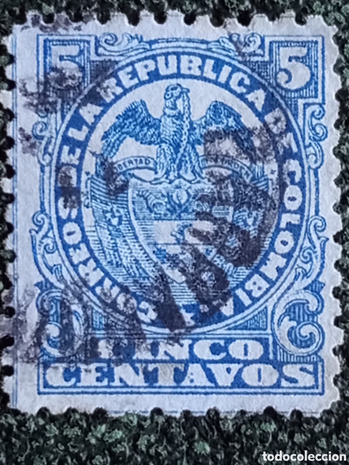 Sellos: Colombia 1890 - Escudo de Armas, 5c Azul, Usado / Matasellado (Scott #144
