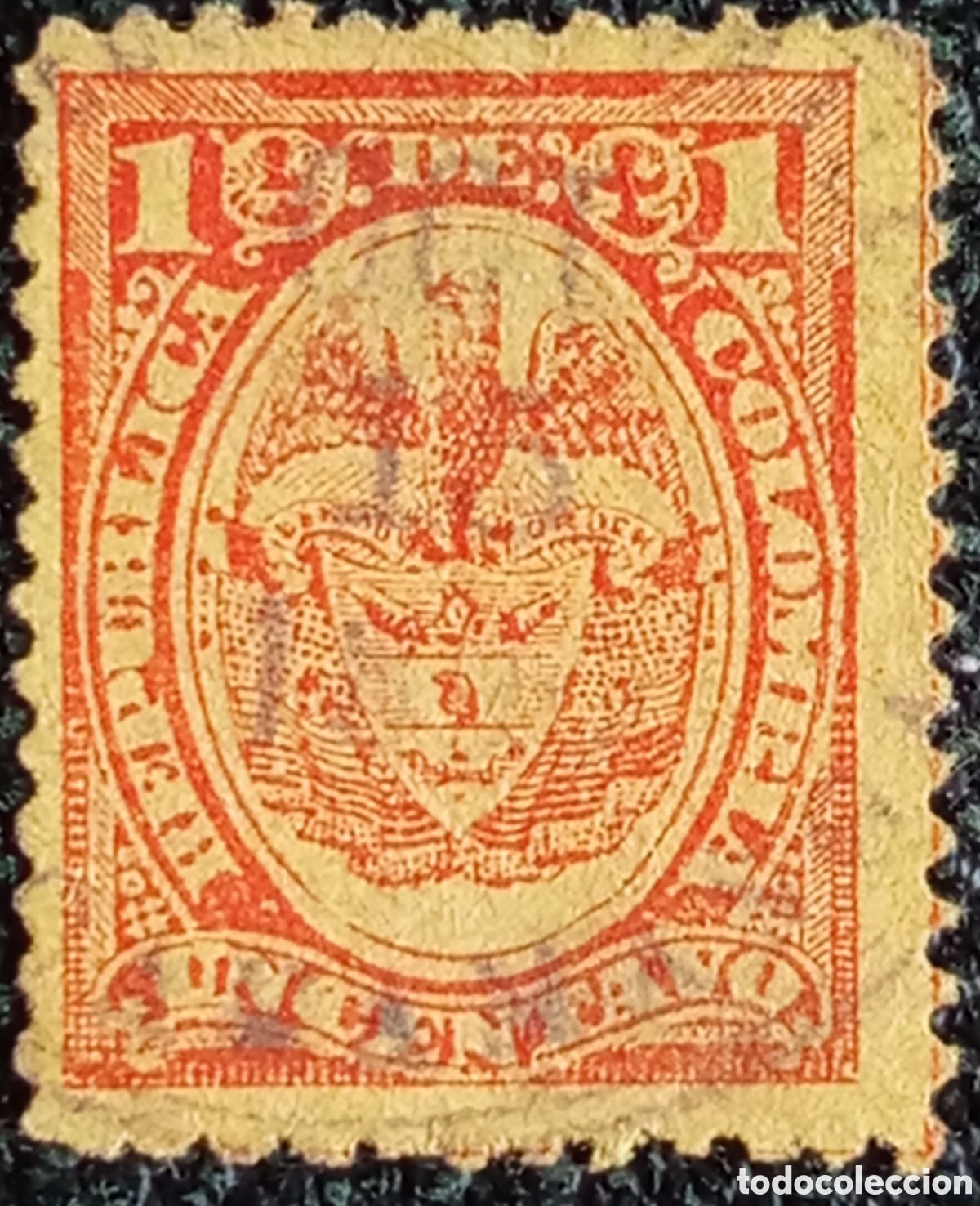 Sellos: Colombia 1892 - Escudo de Armas, 1c Naranja, Usado / Matasellado (Scott #148)