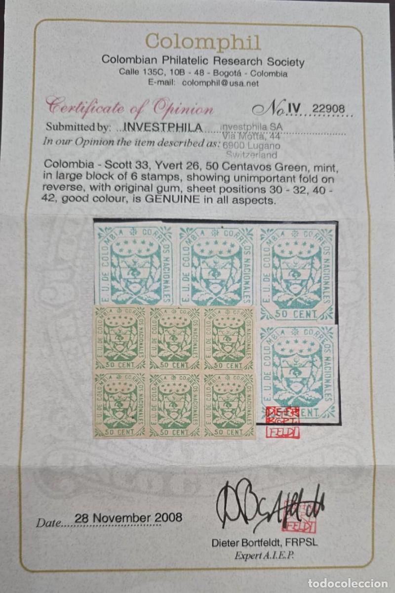 Sellos: O) 1864 COLOMBIA, UNITED STATES OF COLOMBIA, COAT OF ARMS SCT 33 50c greenm WOVE PAPER, COLOMPHIL CE
