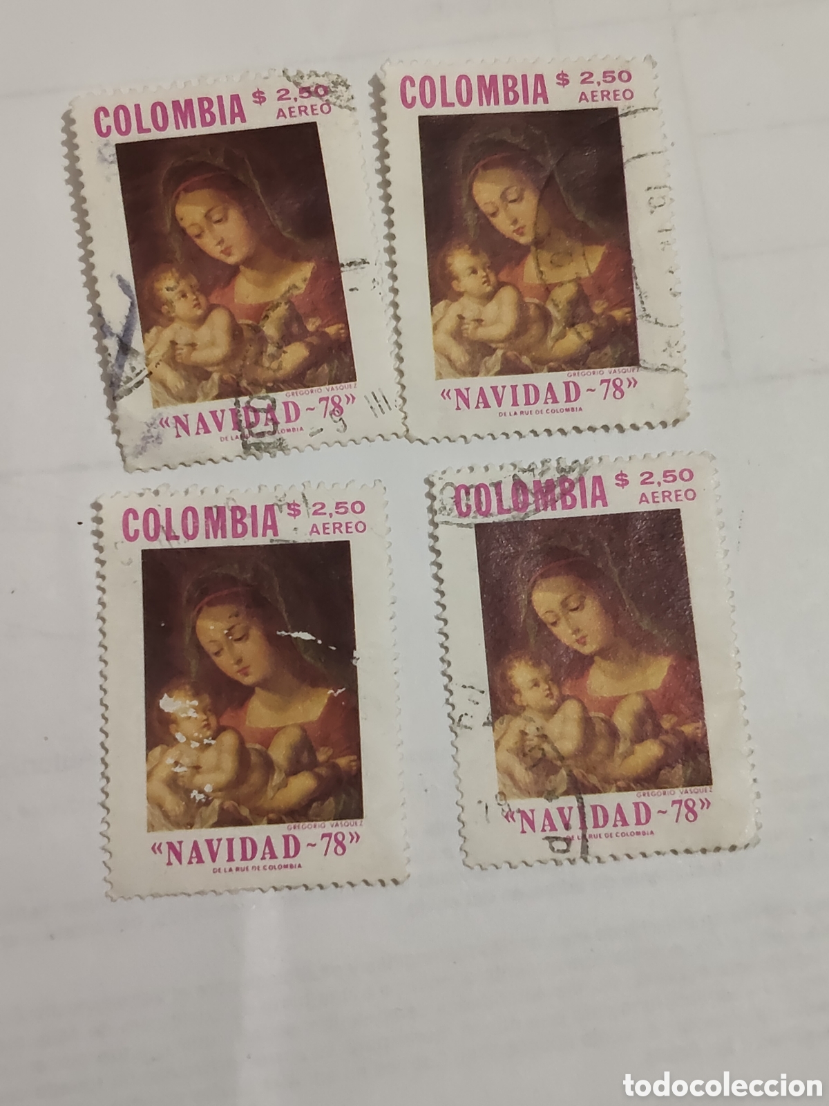 Sellos: 4 sellos de Colombia Navidad la Virgen y el Ni&ntilde;o de Gregorio V&aacute;zquez de Arce 1978