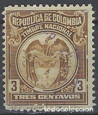 Sellos: COLOMBIA 1917 - ESCUDO NACIONAL, SELLO DE IMPUESTOS, 3C MARR&Oacute;N - USADO