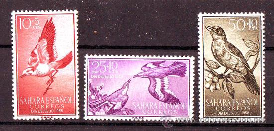 Briefmarken: SAHARA***A&Ntilde;O 1958.EDIFIL NR.153/155.DIA DEL SELLO.FAUNA.AVES.
