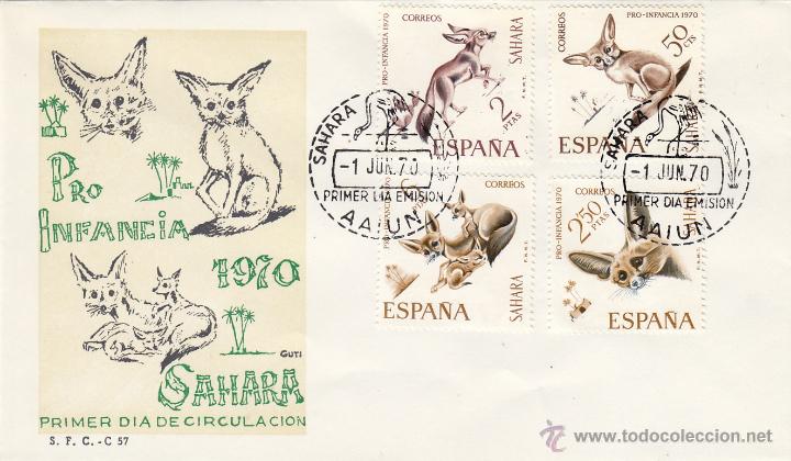 Timbres: SAHARA n&ordm; 279/82   a&ntilde;o 1970 PRO INFANCIA , FAUNA , FENEC  . SOBRE PRIMER DIA SPD / FDC EX COLONIAS .