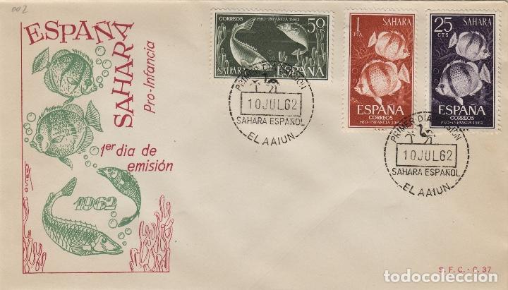 Timbres: SAHARA . N&ordm; 209/11 A&Ntilde;O 1962 - PRO INFANCIA , FAUNA MARINA , PECES - SOBRE PRIMER DIA EX COLONIAS