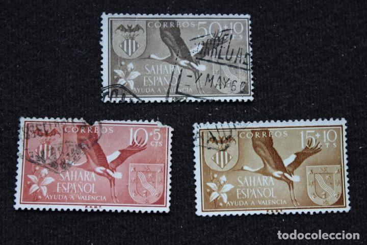 Sellos: 3 sellos Sahara español año 1958. Ayuda a Valencia. Fauna Cigüeña. - Foto 1 - 222567788