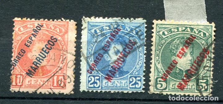 Sellos: Edifil 3, 4 y 7 de Marruecos. 3 sellos Alfonso XIII tipo cadete sobrecargados. Matasellados