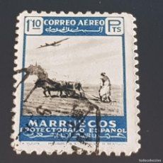 Francobolli: MARRUECOS, 1953, PAISAJES Y AVIÓN, LA YUNTA, EDIFIL 371, USADO, (LOTE AB)