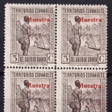 Sellos: GUINEA, 1931 EDIFIL Nº 204M, [NUEMARCIÓN A.000,000, ”MUESTRA”.] [BLOQUE DE CUATRO, SIN FIJASELLOS.]