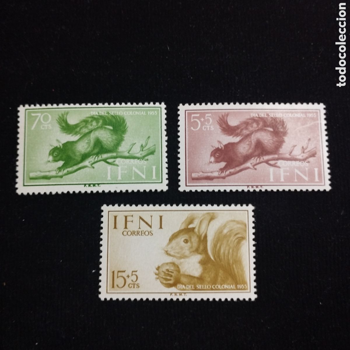 Francobolli: Lote X3 sellos Territorios Espa&ntilde;oles. IFNI. 1955. Fauna. D&iacute;a del sello Colonial. 125/27. Fijasellos
