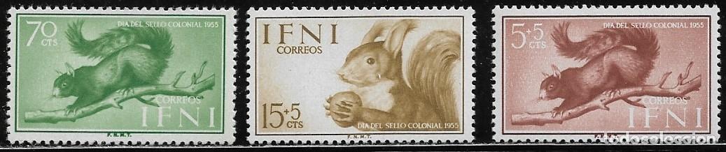 Sellos: IFNI 1955, EDIFIL 125/27 - D&Iacute;A DEL SELLO - FAUNA, ARDILLAS. MNH.
