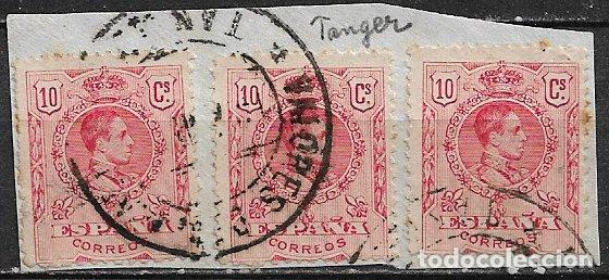 Sellos: T&Aacute;NGER 1909 Sellos de Alfonso XIII usados en T&aacute;nger, EDIFIL n&ordm; 269 (o) tres sellos s. fragmento