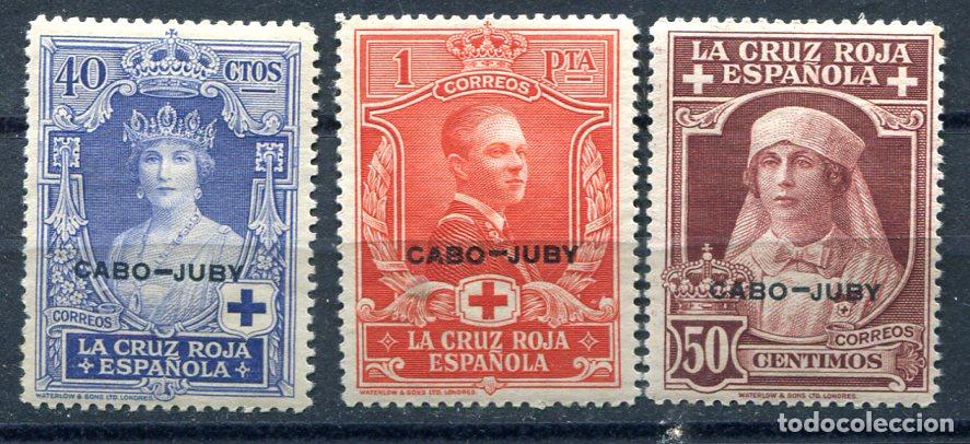 Sellos: Edifil 34 al 36 de Cabo Juby. 40, 50 cts. y 1 pta de Cruz Roja. sin fijasellos, pero goma anaranjada