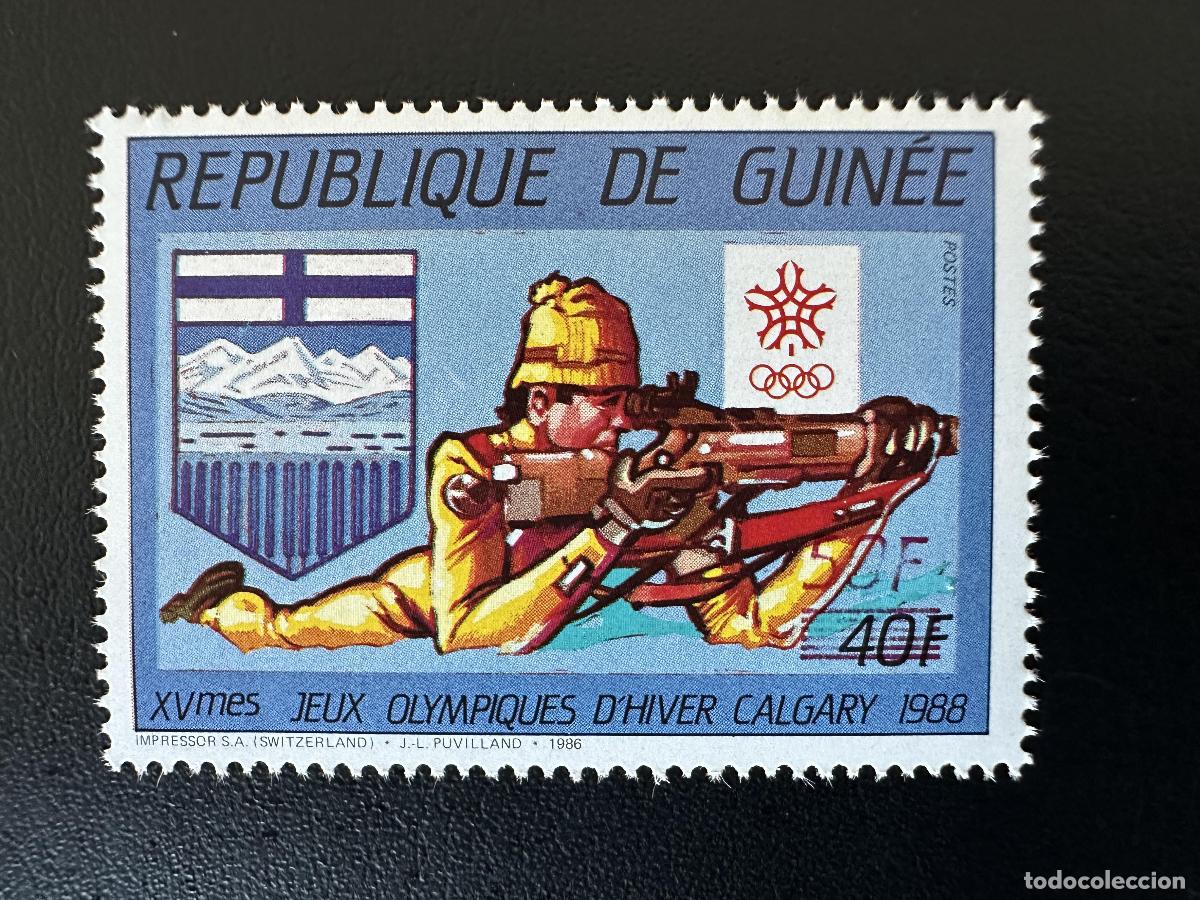 Sellos: Guinea 1987 Mi. 1149 Sobrecargado ROJO 50F s/40F Calgary 1988 Juegos Ol&iacute;mpicos