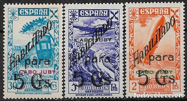 Sellos: CABO JUBY Beneficencia 1941 H&ordf; del Correo, EDIFIL n&ordm; 8, 10 y 11 * *
