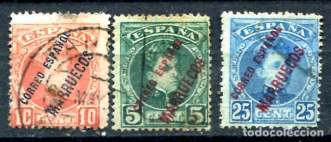 Timbres: Edifil 3, 4 y 7 de Marruecos. 3 sellos Alfonso XIII tipo cadete sobrecargados. Matasellados