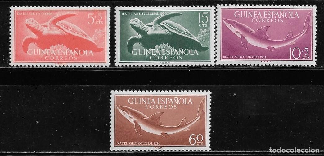 Sellos: GUINEA 1954, SERIE EDIFIL 338/41 - D&Iacute;A DEL SELLO COLONIAL, FAUNA MARINA. MNH.