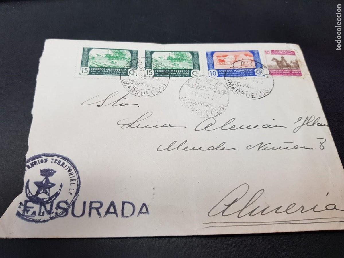 Sellos: CARTA CENSURADA-CON SELLOS DE MARRUECOS-ALMERIA-18 SETIEMBRE DE 1945