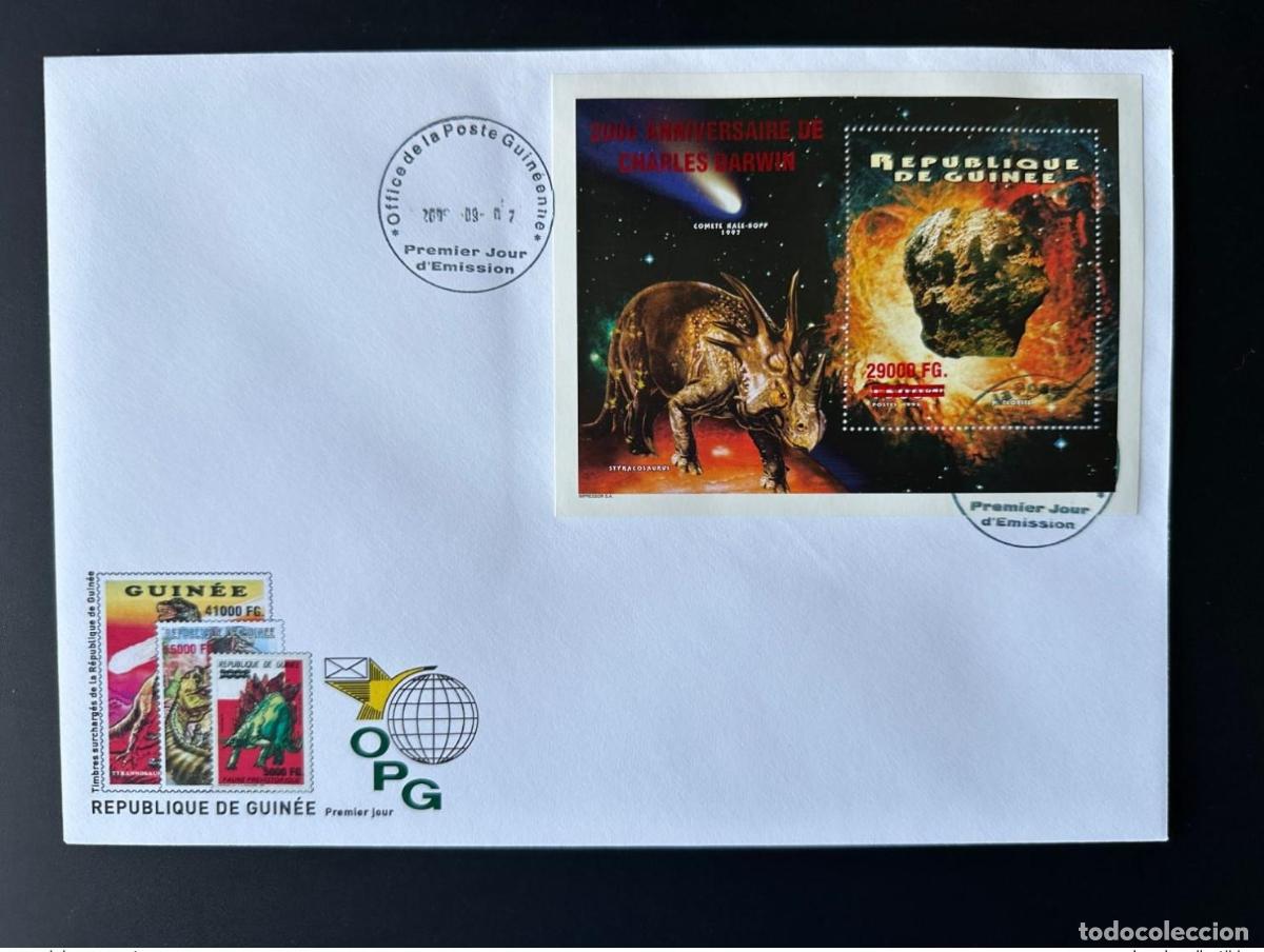 Sellos: Guinea 2009 Mi. Bl. 1739 FDC sobrecarg&oacute; los dinosaurios El cumplea&ntilde;os de Charles Darwin
